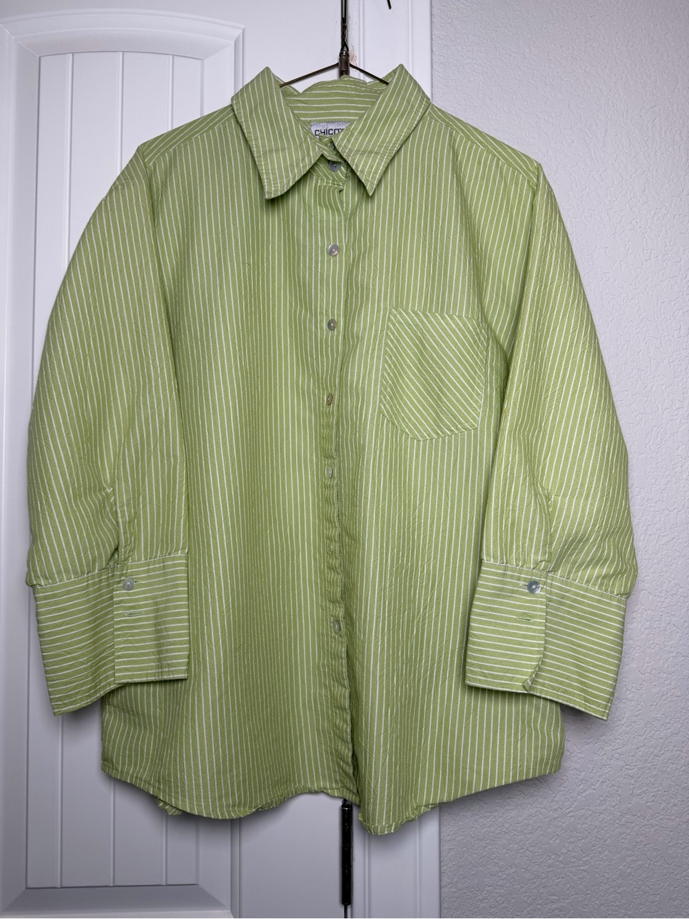Chico's Womeo Light Green Striped Button-Down Shirt